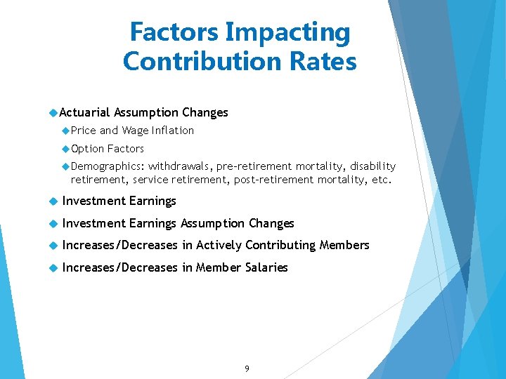 Factors Impacting Contribution Rates Actuarial Price Assumption Changes and Wage Inflation Option Factors Demographics:
