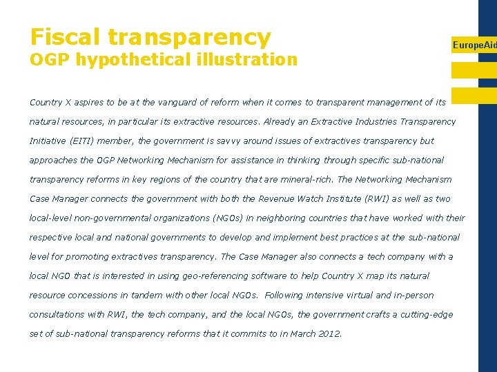 Fiscal transparency OGP hypothetical illustration Europe. Aid Country X aspires to be at the