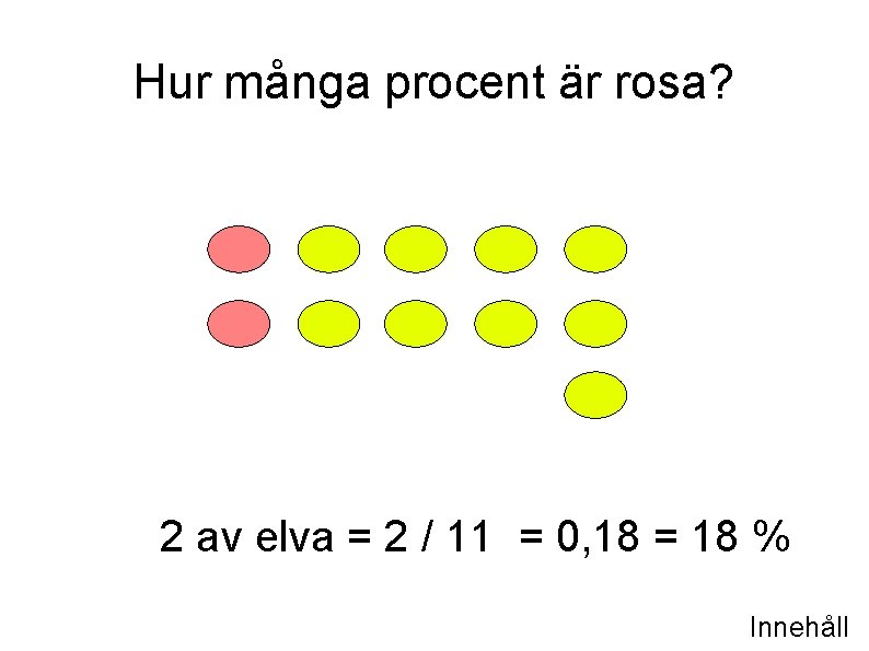 Hur många procent är rosa? 2 av elva = 2 / 11 = 0,