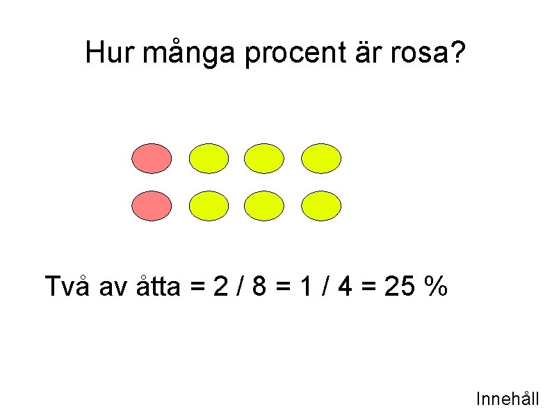 Hur många procent är rosa? Två av åtta = 2 / 8 = 1