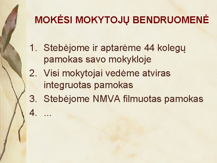 MOKĖSI MOKYTOJŲ BENDRUOMENĖ 1. Stebėjome ir aptarėme 44 kolegų pamokas savo mokykloje 2. Visi