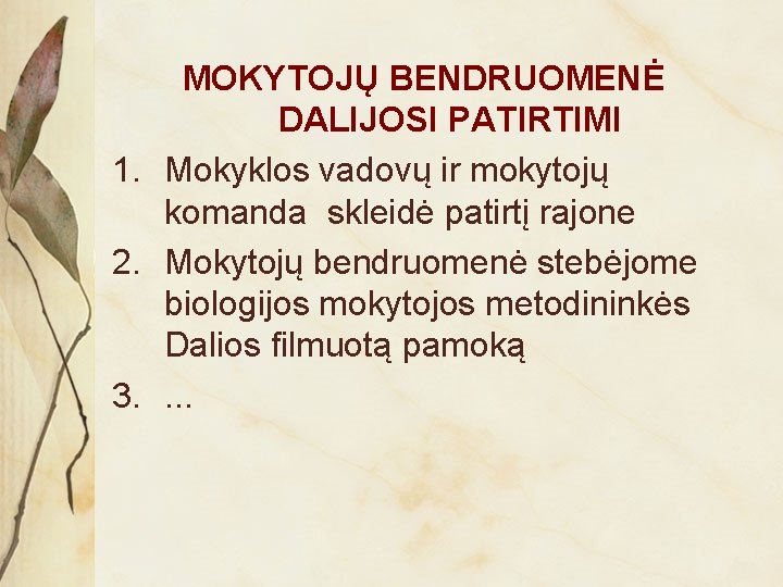 MOKYTOJŲ BENDRUOMENĖ DALIJOSI PATIRTIMI 1. Mokyklos vadovų ir mokytojų komanda skleidė patirtį rajone 2.