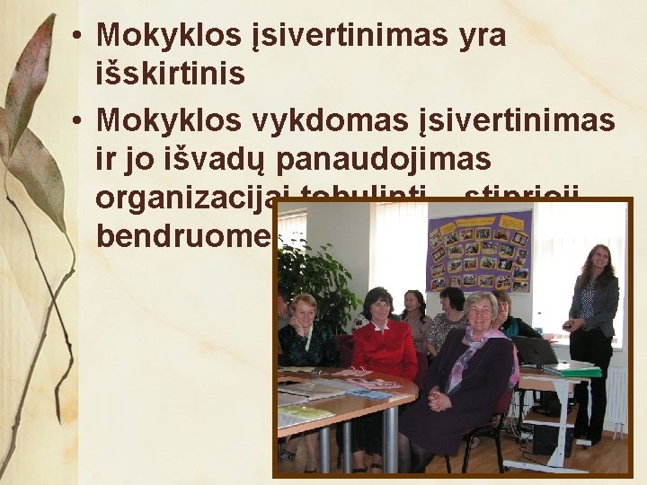  • Mokyklos įsivertinimas yra išskirtinis • Mokyklos vykdomas įsivertinimas ir jo išvadų panaudojimas