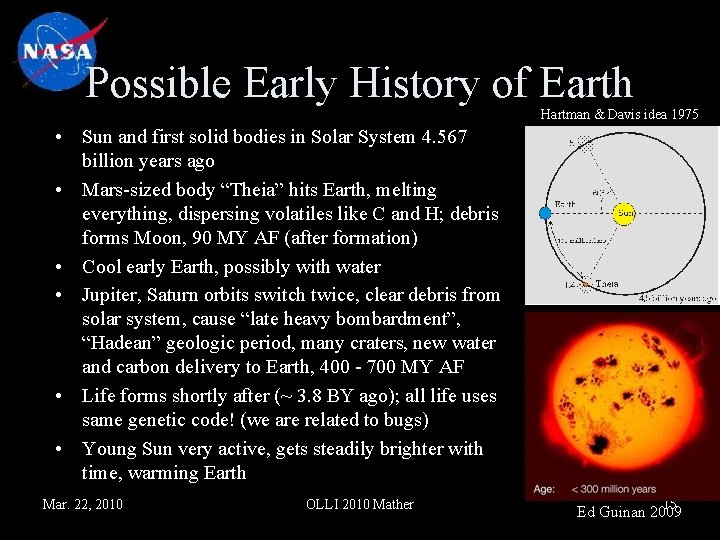 Possible Early History of Earth Hartman & Davis idea 1975 • Sun and first