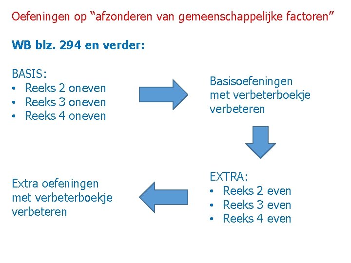 Oefeningen op “afzonderen van gemeenschappelijke factoren” WB blz. 294 en verder: BASIS: • Reeks