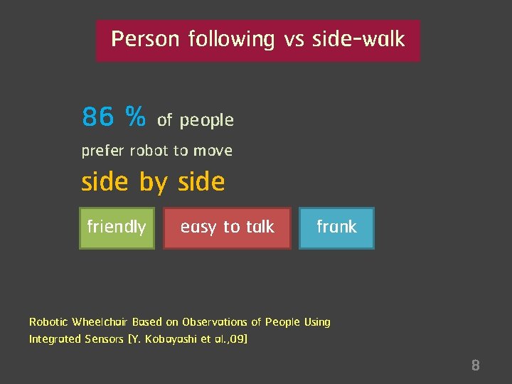 Person following vs side-walk 86 % of people prefer robot to move side by