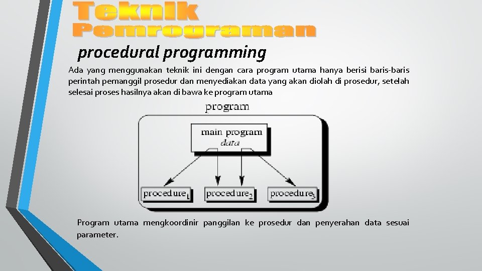 procedural programming Ada yang menggunakan teknik ini dengan cara program utama hanya berisi baris-baris