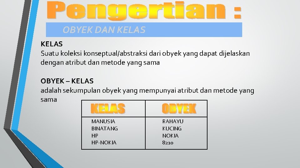 OBYEK DAN KELAS Suatu koleksi konseptual/abstraksi dari obyek yang dapat dijelaskan dengan atribut dan