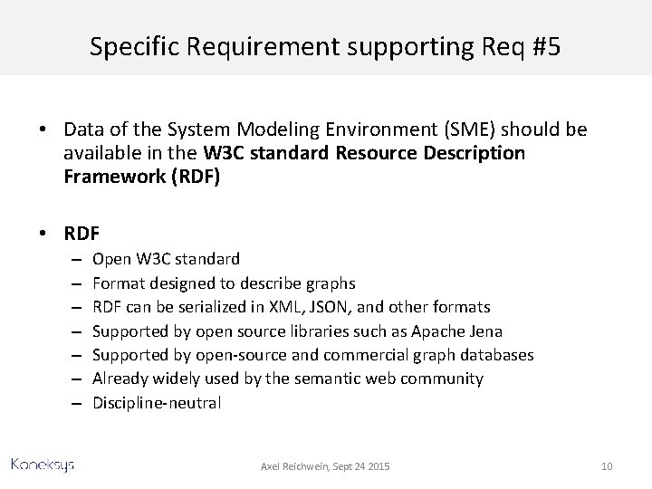 Specific Requirement supporting Req #5 • Data of the System Modeling Environment (SME) should