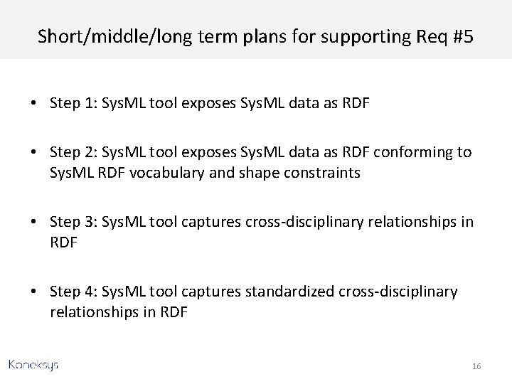 Short/middle/long term plans for supporting Req #5 • Step 1: Sys. ML tool exposes