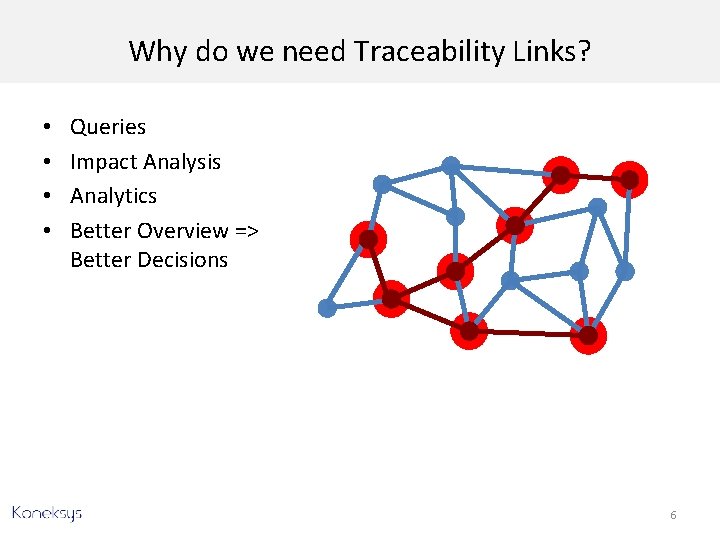 Why do we need Traceability Links? • • Queries Impact Analysis Analytics Better Overview