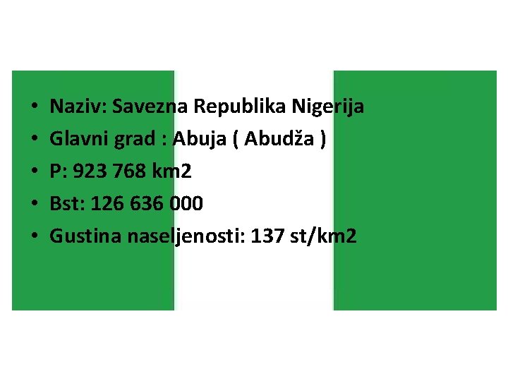  • • • Naziv: Savezna Republika Nigerija Glavni grad : Abuja ( Abudža