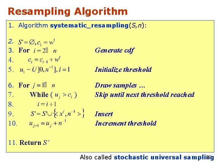 Resampling Algorithm 1. Algorithm systematic_resampling(S, n): 2. 3. For Generate cdf 4. 5. Initialize