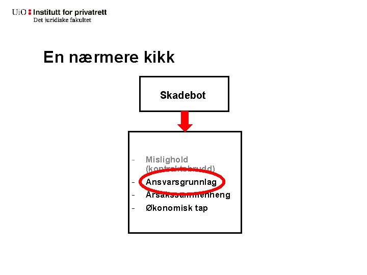 En nærmere kikk Skadebot - Mislighold (kontraktsbrudd) Ansvarsgrunnlag Årsakssammenheng Økonomisk tap 