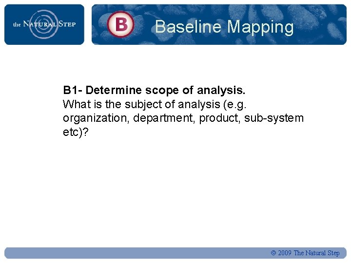 Baseline Mapping B 1 - Determine scope of analysis. What is the subject of
