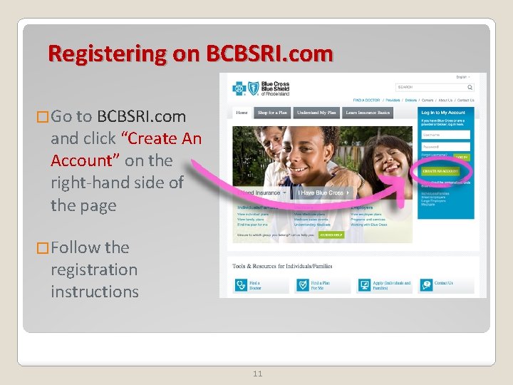 Registering on BCBSRI. com �Go to BCBSRI. com and click “Create An Account” on