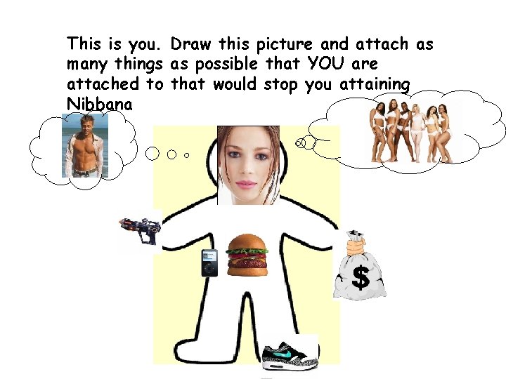 This is you. Draw this picture and attach as many things as possible that