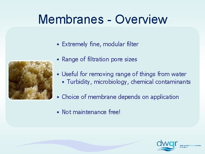 Membranes - Overview • Extremely fine, modular filter • Range of filtration pore sizes