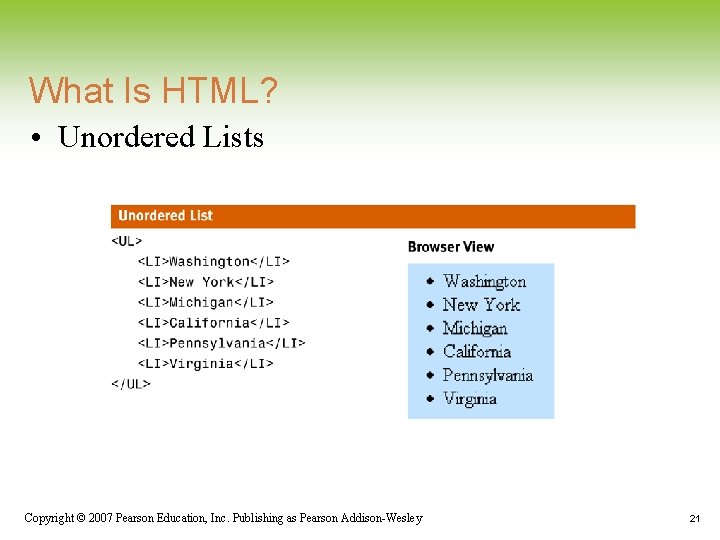 What Is HTML? • Unordered Lists Copyright © 2007 Pearson Education, Inc. Publishing as What Is HTML? • Unordered Lists Copyright © 2007 Pearson Education, Inc. Publishing as