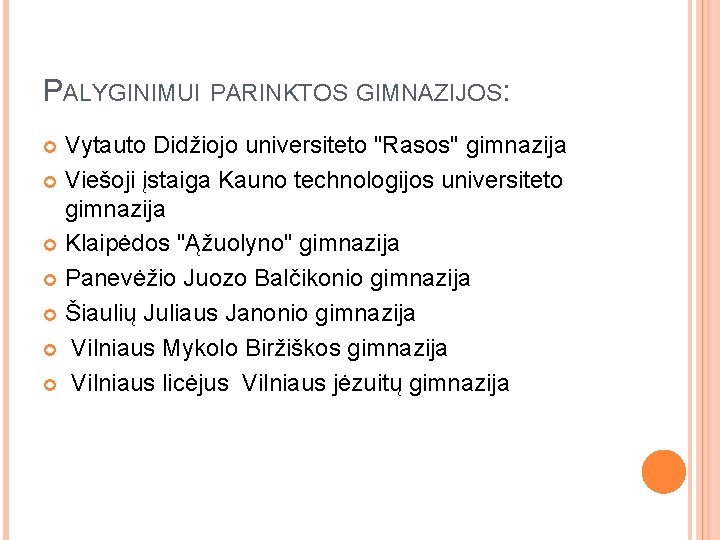 PALYGINIMUI PARINKTOS GIMNAZIJOS: Vytauto Didžiojo universiteto "Rasos" gimnazija Viešoji įstaiga Kauno technologijos universiteto gimnazija