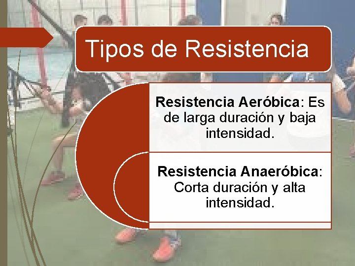 Tipos de Resistencia Aeróbica: Es de larga duración y baja intensidad. Resistencia Anaeróbica: Corta