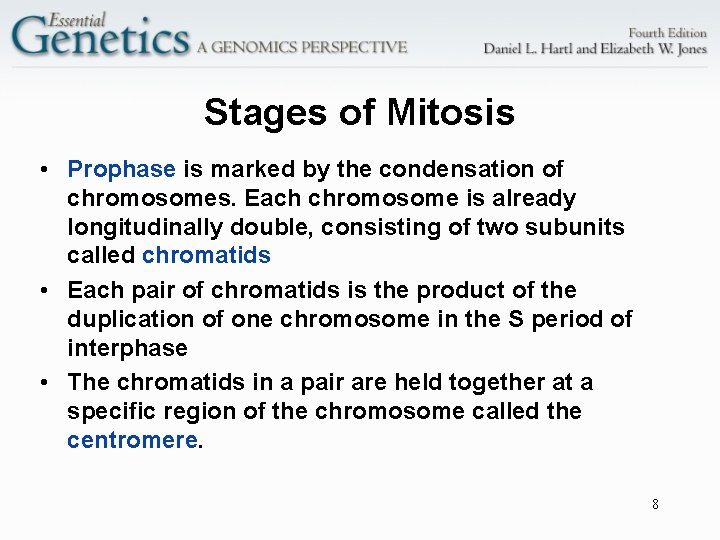 Stages of Mitosis • Prophase is marked by the condensation of chromosomes. Each chromosome