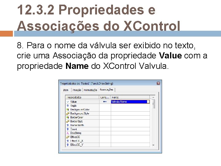 12. 3. 2 Propriedades e Associações do XControl 8. Para o nome da válvula