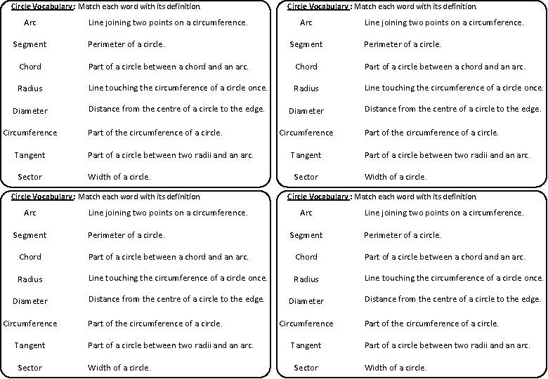 Circle Vocabulary : Match each word with its definition. Arc Segment Line joining two