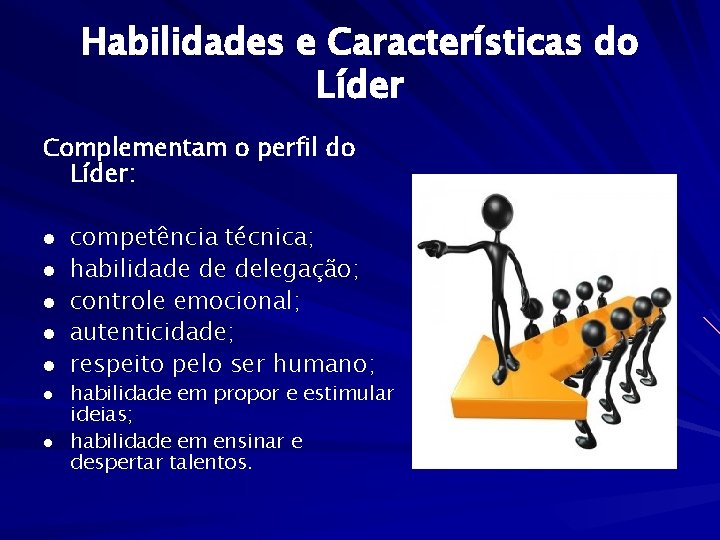 Habilidades e Características do Líder Complementam o perfil do Líder: l l l l
