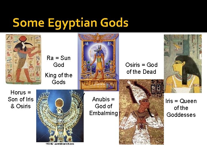 Some Egyptian Gods Ra = Sun God Osiris = God of the Dead King