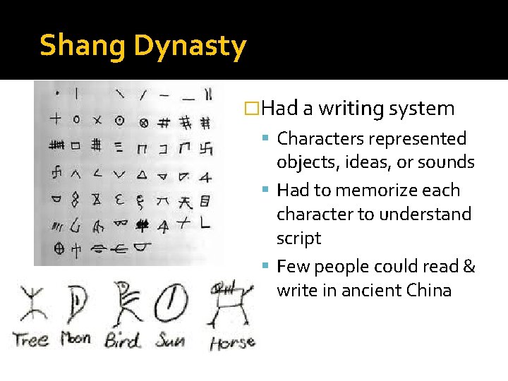 Shang Dynasty �Had a writing system Characters represented objects, ideas, or sounds Had to