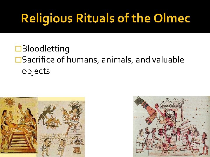 Religious Rituals of the Olmec �Bloodletting �Sacrifice of humans, animals, and valuable objects 