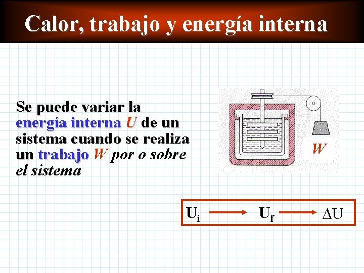 Calor, Función trabajo de yenergíainterna Se puede variar la energía interna U de un Calor, Función trabajo de yenergíainterna Se puede variar la energía interna U de un