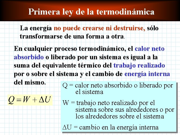 Primera leyde deenergía la termodinámica Función interna La energía no puede crearse ni destruirse, Primera leyde deenergía la termodinámica Función interna La energía no puede crearse ni destruirse,