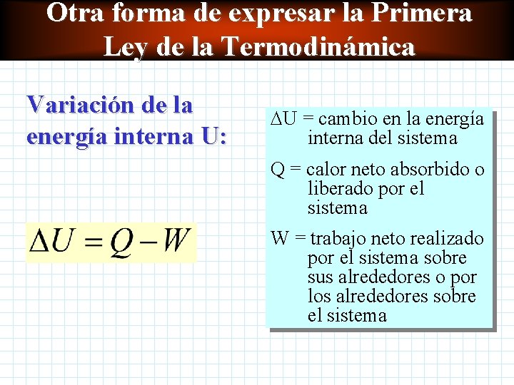 Otra forma de expresar la Primera Ley de la Termodinámica Variación de la energía Otra forma de expresar la Primera Ley de la Termodinámica Variación de la energía
