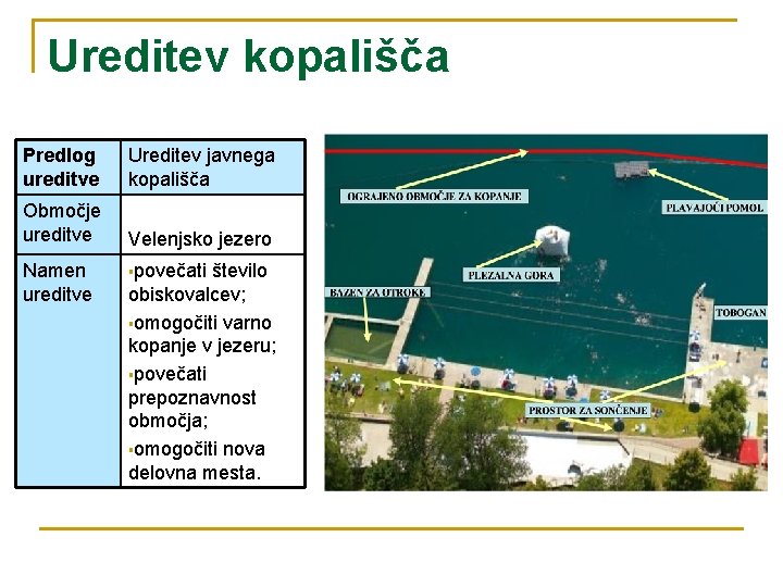 Ureditev kopališča Predlog ureditve Ureditev javnega kopališča Območje ureditve Velenjsko jezero Namen ureditve §povečati