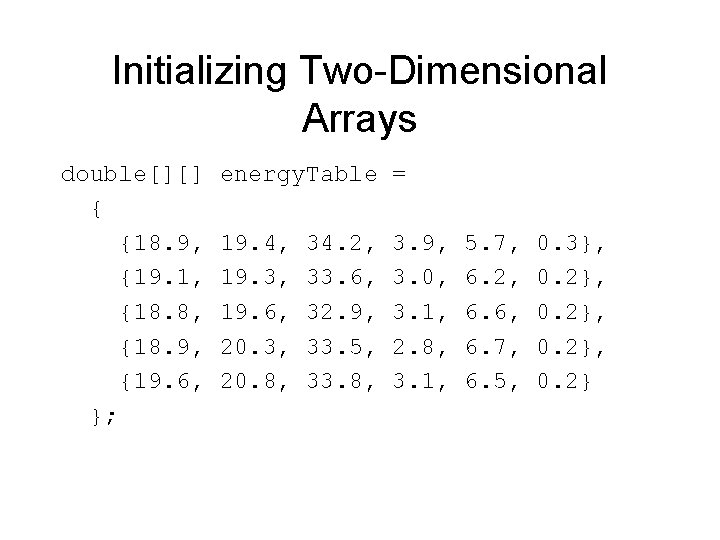 Initializing Two-Dimensional Arrays double[][] { {18. 9, {19. 1, {18. 8, {18. 9, {19.