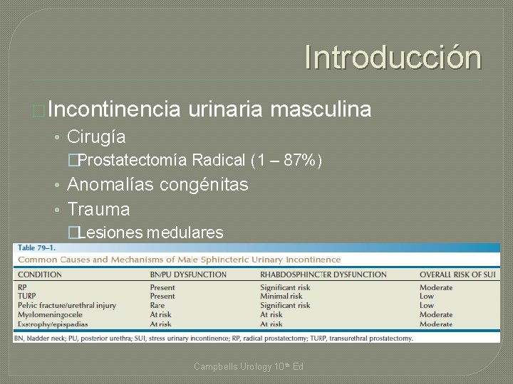 Introducción �Incontinencia urinaria masculina • Cirugía �Prostatectomía Radical (1 – 87%) • Anomalías congénitas