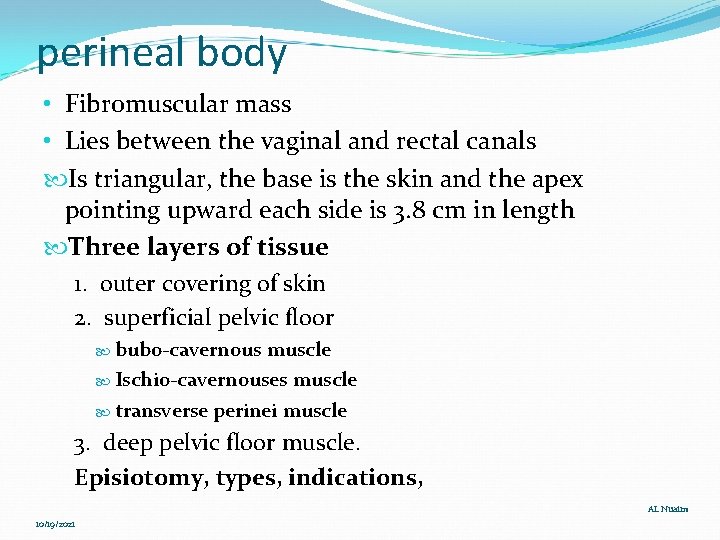 perineal body • Fibromuscular mass • Lies between the vaginal and rectal canals Is