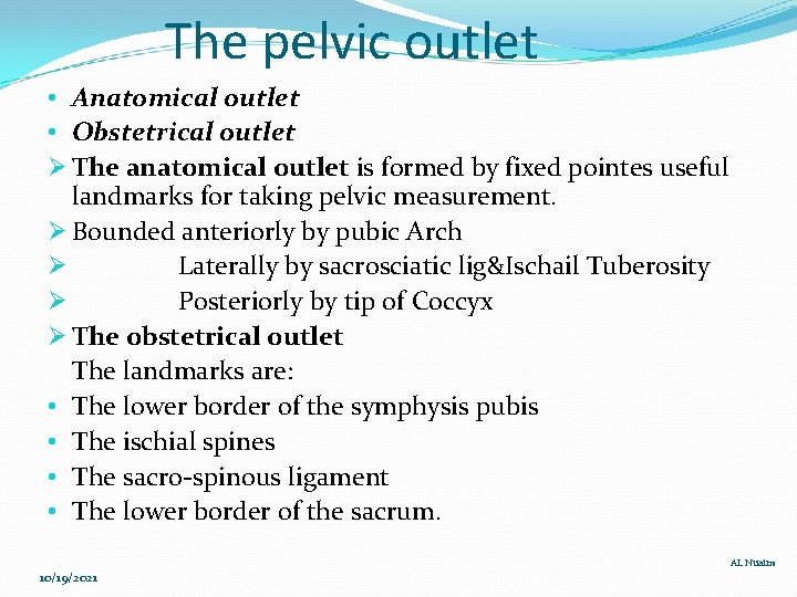 The pelvic outlet • Anatomical outlet • Obstetrical outlet Ø The anatomical outlet is