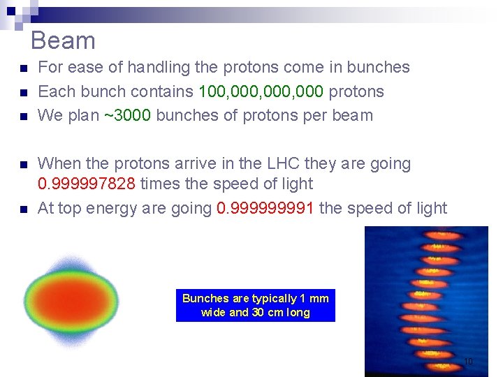 Beam n n n For ease of handling the protons come in bunches Each