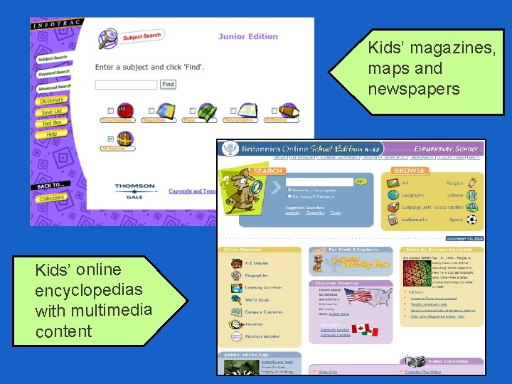 Kids’ magazines, maps and newspapers Kids’ online encyclopedias with multimedia content 