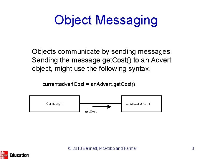 Object Messaging Objects communicate by sending messages. Sending the message get. Cost() to an Object Messaging Objects communicate by sending messages. Sending the message get. Cost() to an