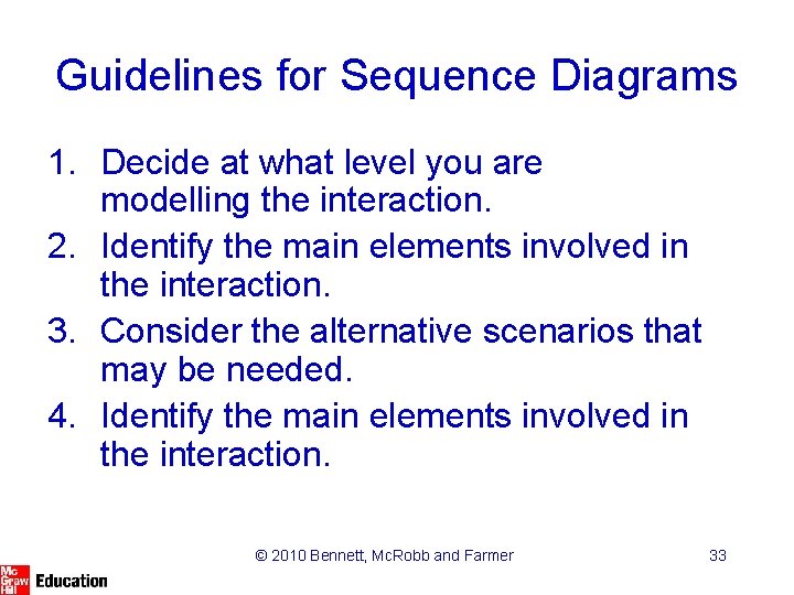 Guidelines for Sequence Diagrams 1. Decide at what level you are modelling the interaction. Guidelines for Sequence Diagrams 1. Decide at what level you are modelling the interaction.