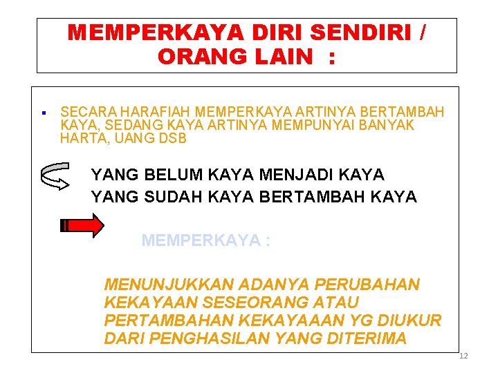 MEMPERKAYA DIRI SENDIRI / ORANG LAIN : § SECARA HARAFIAH MEMPERKAYA ARTINYA BERTAMBAH KAYA,