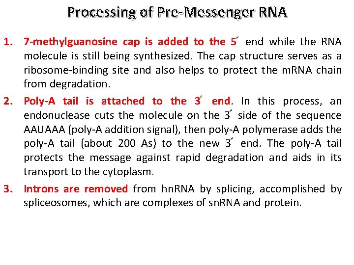 Processing of Pre-Messenger RNA 1. 7 -methylguanosine cap is added to the 5՜ end