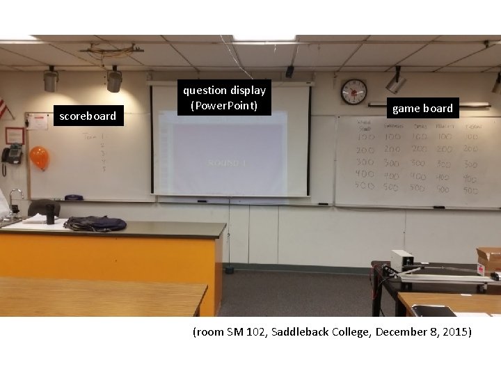 scoreboard question display (Power. Point) game board (room SM 102, Saddleback College, December 8,