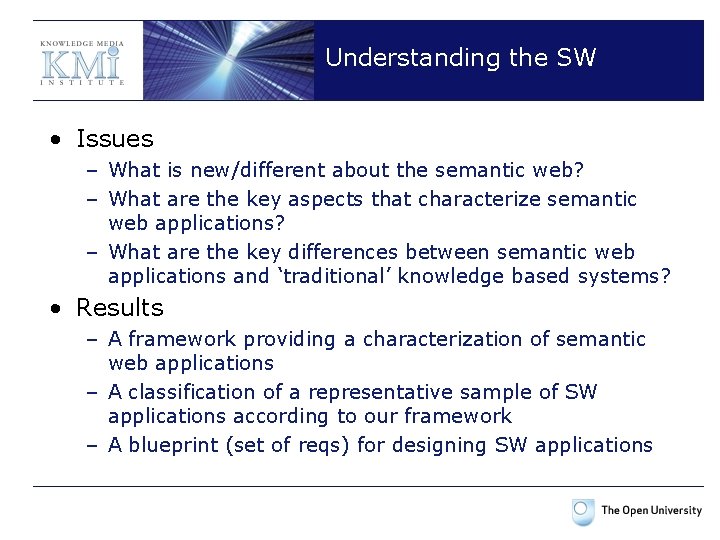Understanding the SW • Issues – What is new/different about the semantic web? –