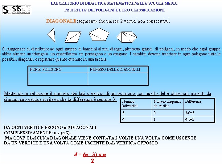 LABORATORIO DI DIDATTICA MATEMATICA NELLA SCUOLA MEDIA: PROPRIETA’ DEI POLIGONI E LORO CLASSIFICAZIONE DIAGONALE: