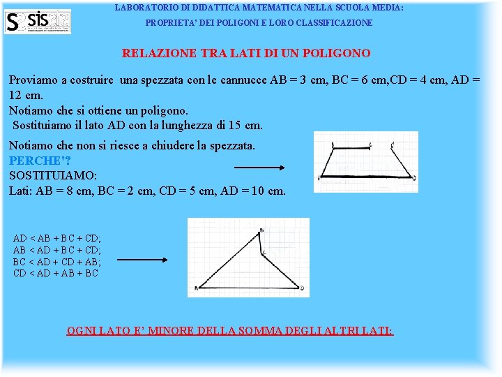 LABORATORIO DI DIDATTICA MATEMATICA NELLA SCUOLA MEDIA: PROPRIETA’ DEI POLIGONI E LORO CLASSIFICAZIONE RELAZIONE